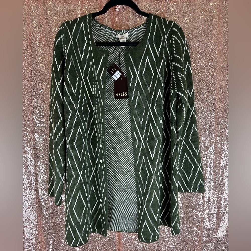 Green and White Knitted Cardigan Sweater, Size Medium